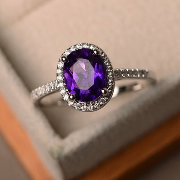 Jewelry - NEW Purple Amethyst Diamond Halo Oval Cut Ring